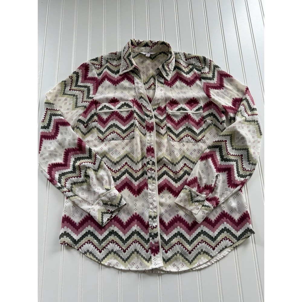 Candies Chevron Button Up Shirt Womens M Pink White Zig Zag Sheer Polyester